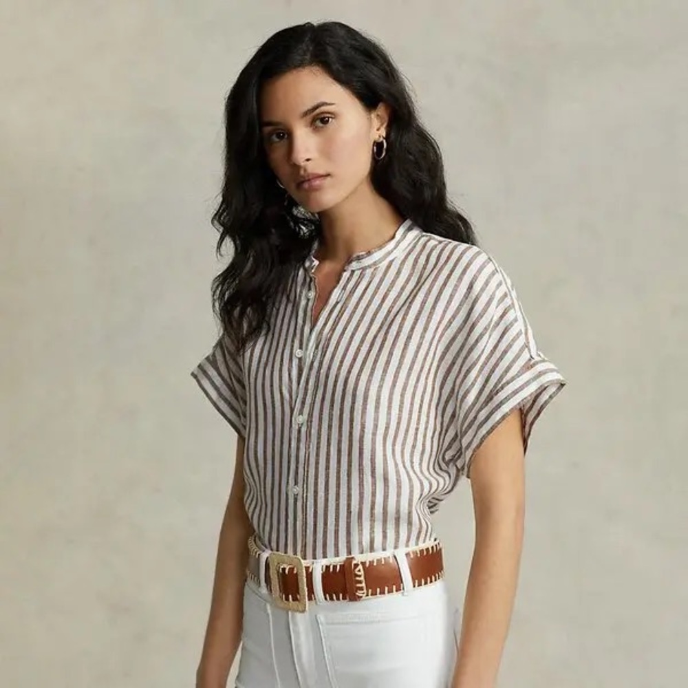Polo Ralph Lauren Linen Tie Front Striped Blouse Brown White Size 10